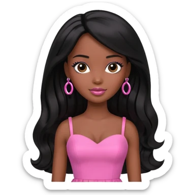 Darker skin Black barbie, long black  hair, pink dress sticker
