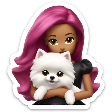 Barbie with burgundy color hair hugging white small Pomeranian with black ears close up sticker
