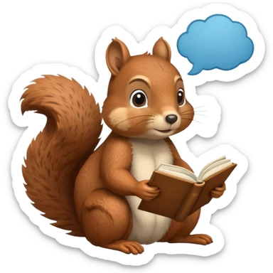 a squirrel reading a book, with a thought bubble above its head, looking like it's deep in thought sticker