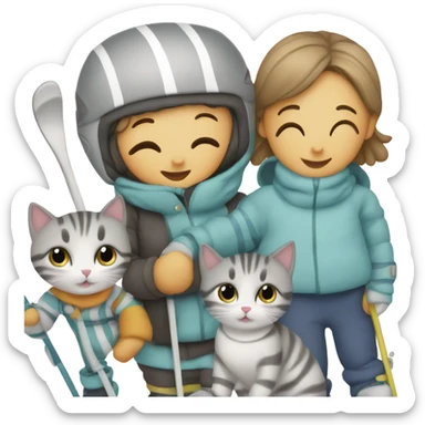 Infant skiing with its family of five, and one grey striped cat sticker