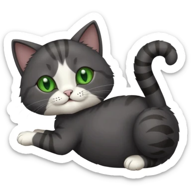 solid dark grey cat with green eyes, white toes/paws playfully rolling upside down sticker