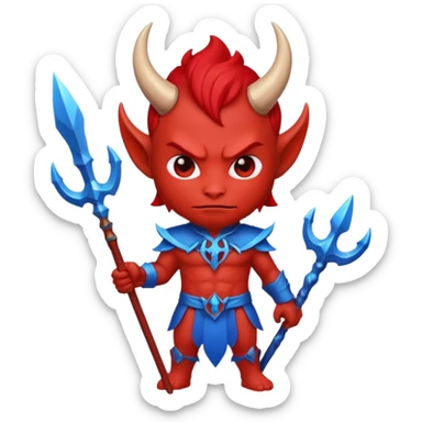 a Red devil, short horn Chibi red demon hold a blue trident sticker