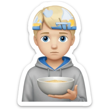 Teen boy with blue eyes and Grey hoodie standing up with blond short bowl cut sticker