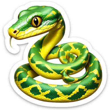 cinematic-green tree python-realistic-full-body-coiled-emoji,-thick-scaled-body-looped-tightly,-intricate-yellow and white-patterned-scales-reflecting-light,-head-tilted-dramatically,-cute-eyes-staring-calmly,-simplified-yet-realistic-focused-feature sticker
