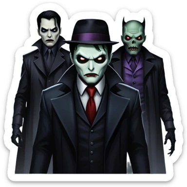 Icon for Thriller Movies: A large, dramatic collage featuring sinister villains and zombies in dark clothing. The background shows the gloomy cityscape of Gotham with dim lighting and eerie shadows. The atmosphere should be tense, mysterious, and suspenseful. Transparent background. sticker