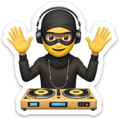 Make a customized yellow head emoji with hands and holding a dj turn table  in a  ninja face mask sticker