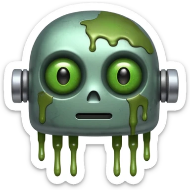 make a tired old melting robot emoji, covered in green sludge, 2d, make the eyes melting sticker