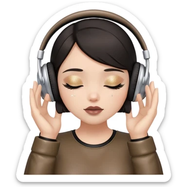 Girl with dark hair, fair skin tone, wearing a leather top, has glitter on her eyelids, and taupe lipstick, wearing white headphones, her hands are on her ears, and her eyes are close sticker