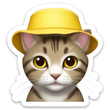 Cute little brown and grey tabby cat with a yellow bucket hat on sticker