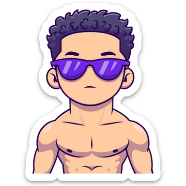 shirtless male athlete with white skin and moderately curly black hair on top with shaved sides, wearing purple sunglasses with black tinted lenses sticker