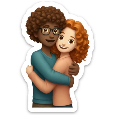 A boy with glasses and dark curly hair hugging a ginger girl sticker