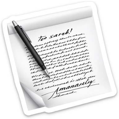 a paper letter with "TO SARAH" text written at the top of the letter, with a pen lying next to it sticker