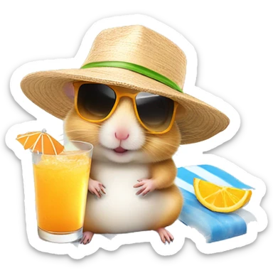 hamster with a sunhat and sunglasses drinking a coctail while laying in a sunbed sticker