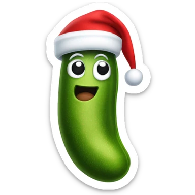 A big Christmas dill pickle wearing a Santa hat sticker