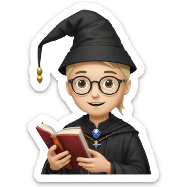 ["A happy boy with light skin, ponytail, wearing a wizard hat and square glasses, dressed in goth fashion, is reading a book while holding a phone."] sticker