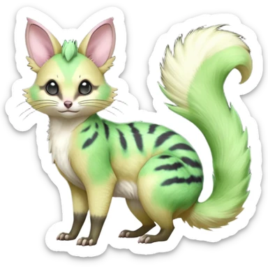  hyper-realistic neon-green-gradients black-pointed natural realistic divine beautiful elegant pretty precious cute young youthful  Fakémon-Pokémon-alien-opossum-squirrel-feline-serval-caracal-chinchilla-Minccino-Cinccino-Meowstic-rodent-hybrid-creature with a big fluffy bushy tail (full body) sticker