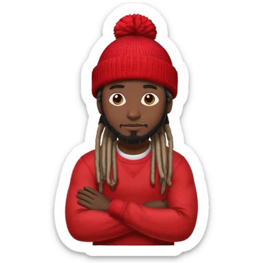 apple man crossing arms emoji but the guy is black instead of yellow and the guy has dreads with a beanie and the beanie is red with no brim sticker