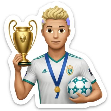 Cristiano Ronaldo holfing the champions league with noodle hair a bit longer noodle hair with a bit of blonde highlights and tge hair xoming down a bit just a bit of blonde not completely sticker