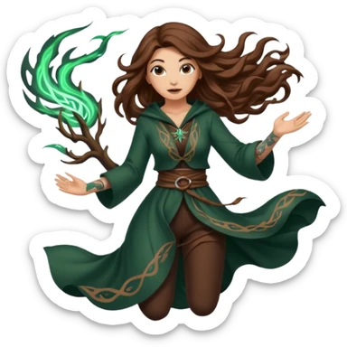 forest mage woman long wavy brown hair tattoos drawing symbol mid-air sticker