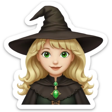 Mulher, branca, cabelos loiros e ondulados com uma franja, olhos verdes e roupa e chapéu de bruxa sticker