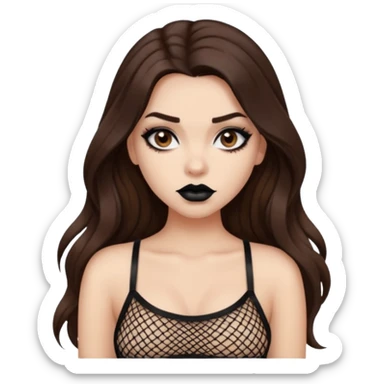 a pretty bratz fair girl with brown long hair styled well, looking like a baddie in a fishnet top and dark brown hair and black lipstick sticker