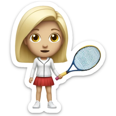 blond and white tall girl wearing normal clothes scared with tennis racket at hand defending herself sticker