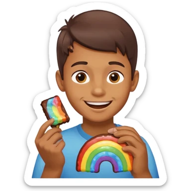 A boy eating a chocolate rainbow  sticker