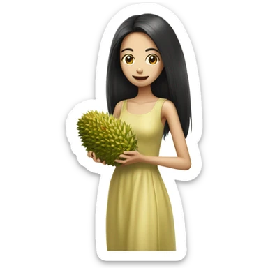 Beautiful skinny woman long black hair in dress holding durian sticker