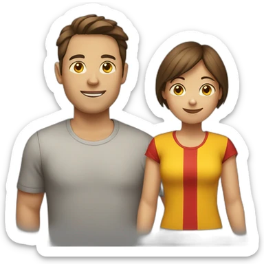 a boy with a woman with brown haira red-yellow t-shirt sticker