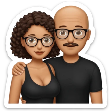 A picture of an embracing tanned couple. the man is a Mexican man with tanned skin, NO GLASSES, with a bald hair cut, short beard and wearing a black shirt. the woman is short with long curly dark brown hair and with big boobs. Put glasses on the woman.  sticker