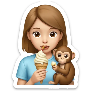 A girl holding a monkey while the monkey eats ice cream sticker