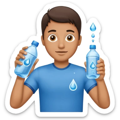 a man holding a water bottle with a water drop logo on the bottle sticker