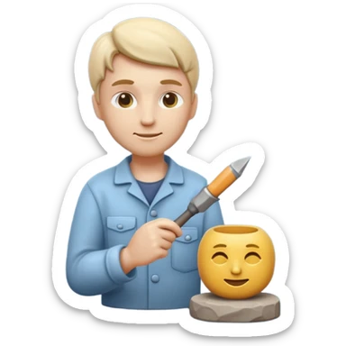 Apple Memoji-style 3D emoji of a sculptor with a small statue and chisel, smooth gradients, rounded edges, no background.during sculpting rock sticker