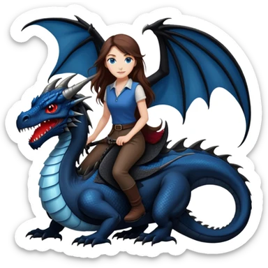 Me, a white female with long brown hair, and blue eyes, riding a very black wyvern dragon with hints of red, to your work sticker