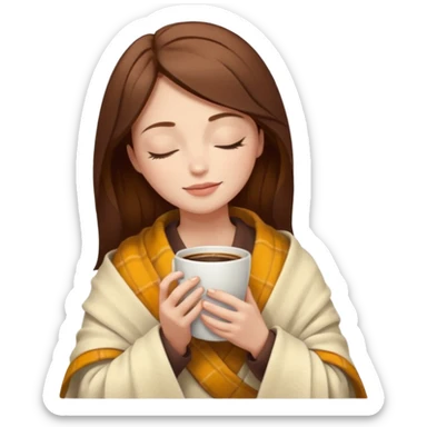 brown hair woman closed eyes with cream blanket on her head, holding cup of coffee, autumn mood sticker
