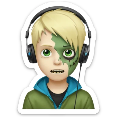 boy zombie whit blonde emo hair and eyes blue and GREEN SKIN and heandphones AND A MICROFONE and gold teeth sticker