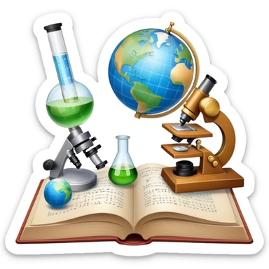 Icon for Scientific and Educational Reading: an open book with mathematical formulas, a microscope, a test tube, and a globe. The icon should represent the curiosity and knowledge found in scientific and academic books. Transparent background. sticker