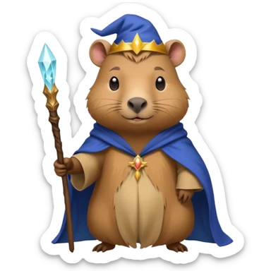 A mythical Queen Capybara wearing a wizard robe and a wand sticker