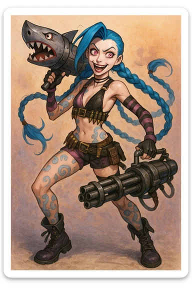 slender athletic young woman with long electric blue hair in two thick braids, bright pinkish-purple eyes, manic mischievous expression, punk-inspired outfit with cropped top, striped arm sleeves, mismatched shorts with belts, knee-high boots, adorned with bullet belts and pouches, blue tattoos in swirling mechanical patterns on arms legs torso, armed with shark-faced rocket launcher and mini-gun sticker