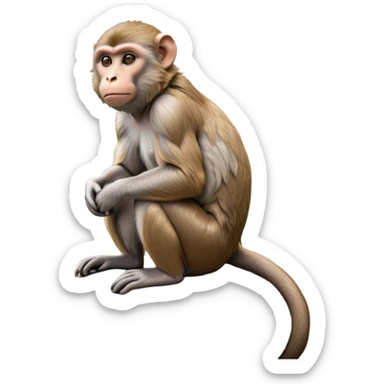 cinematic-macaque-realistic-full-body-sitting-emoji,-compact-muscular-frame-poised-on-a-rocky-outcrop,-short-curled-tail-resting-behind,-head-tilted-dramatically,-thick-dense-fur-in-warm-shades-of-brown-and-grey,-expressive-eyes-filled-with sticker