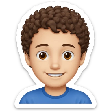Boy with fair skin, short curly brown hair, brown eyes, smiling without showing his teeth.
 sticker