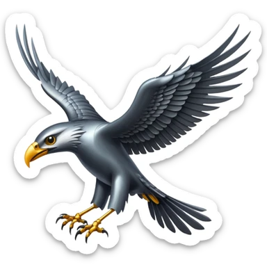 Emoji-style icon of a large metallic predatory bird flying, sharp wings, steel texture, dramatic pose, dark background sticker