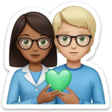 la chica es piel morena clara con pelo oscuro, el chico es de test blanca con gafas y pelo rubio ojos verdes y el corazon debe ser azul celeste sticker