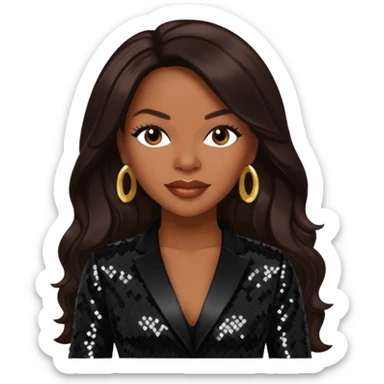 Dawn Robinson from En Vogue with long dark brown hair, black sequin outfit sticker