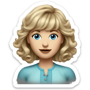 Medium length Dirty blonde voluminous hair with bangs all across forehead and sides swept away from face woman of 60 with blue eyes  sticker