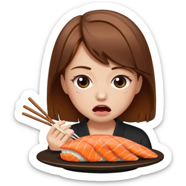 Brown hair girl eating sushi crying funny sticker