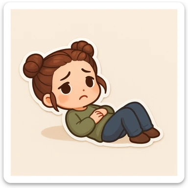 Create a chibi sticker of the girl from the reference image. She is lying on her back on the ground, looking sad, with a 'not alone' vibe, with her signature double bun hairstyle. sticker