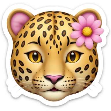 A leopard with eyes closed and a peaceful smile. A pink flower with a yellow center is tucked behind its right ear
 sticker
