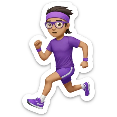 Running man in tight shorts and a purple t-shirt that says 'progressive run', with a headband, dark hair, running glasses, and stylish bright sneakers, emoji style, variation 1 sticker
