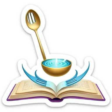 Ethereal floating cookbook with luminous aura, mystic fork and spoon symbol on cover radiating with magical energy, recipe collection sticker